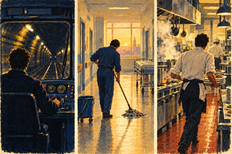 Tunnelbana, sjukhuskorridor och restaurangkök — tre jobb