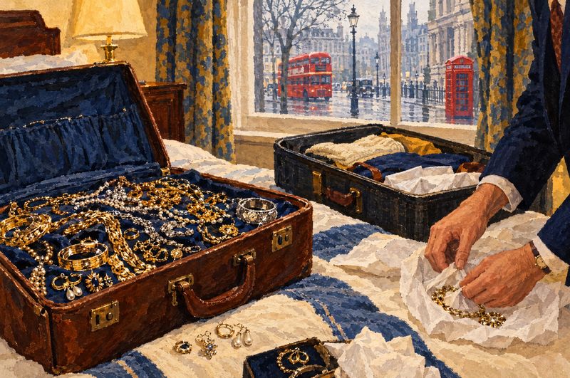 Resväskor fulla med smycken på ett hotellrum i London